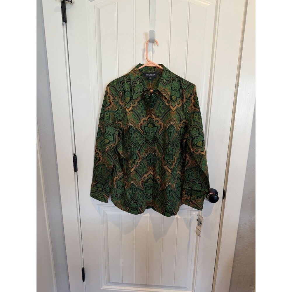 Jones New York Signature Woman 1X NWT Green Paisley Button Down Blouse